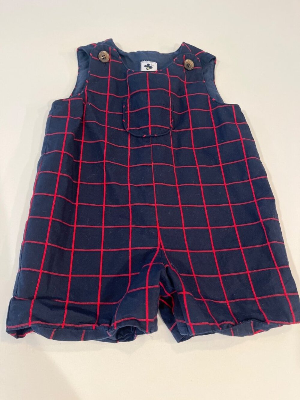Busy Bees Baby Boys Navy & Red Windowpane Plaid Romper 9M With Button Straps & P